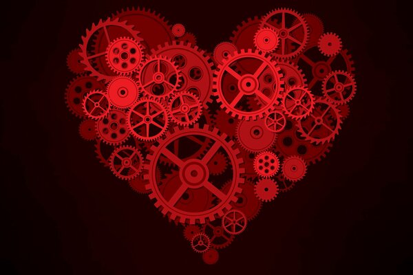 Red heart made of gears on a dark background