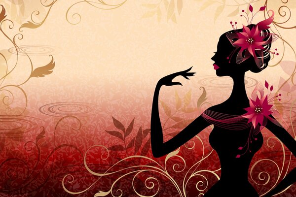 Digital art postcard with a silhouette of a girl with flowers in her hair and on her shoulder