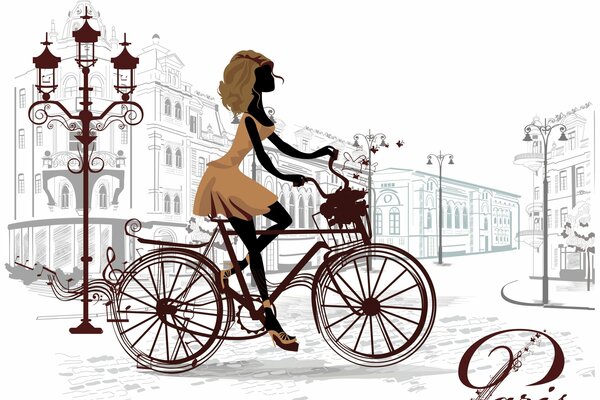 Drawing of a girl riding a bicycle around the city