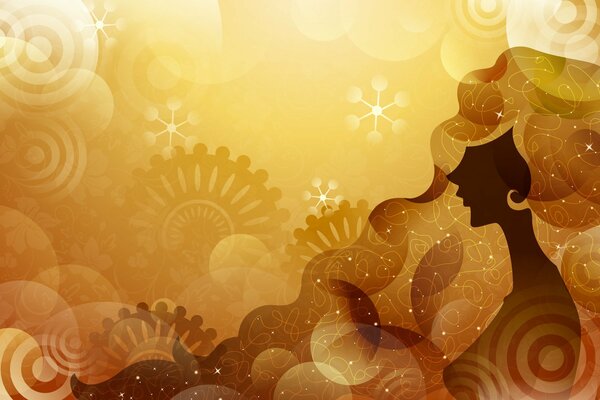 Digital art postcard with a silhouette of a girl with sparkling hair