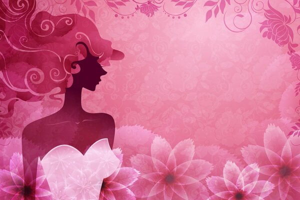 Pink background. Silhouette of a girl