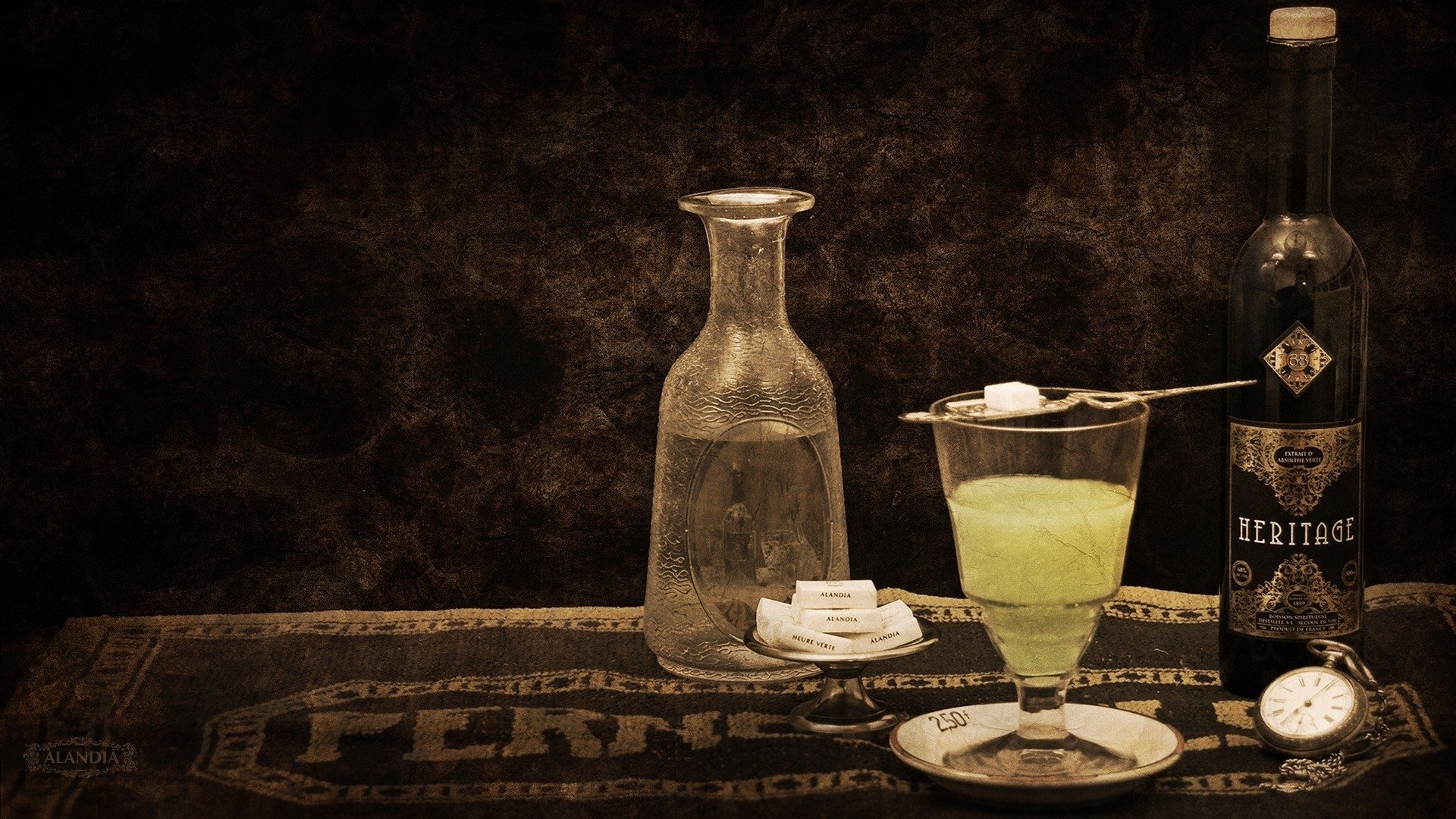 retro stil absinth alkohol zucker weinglas flasche hintergrundbilder