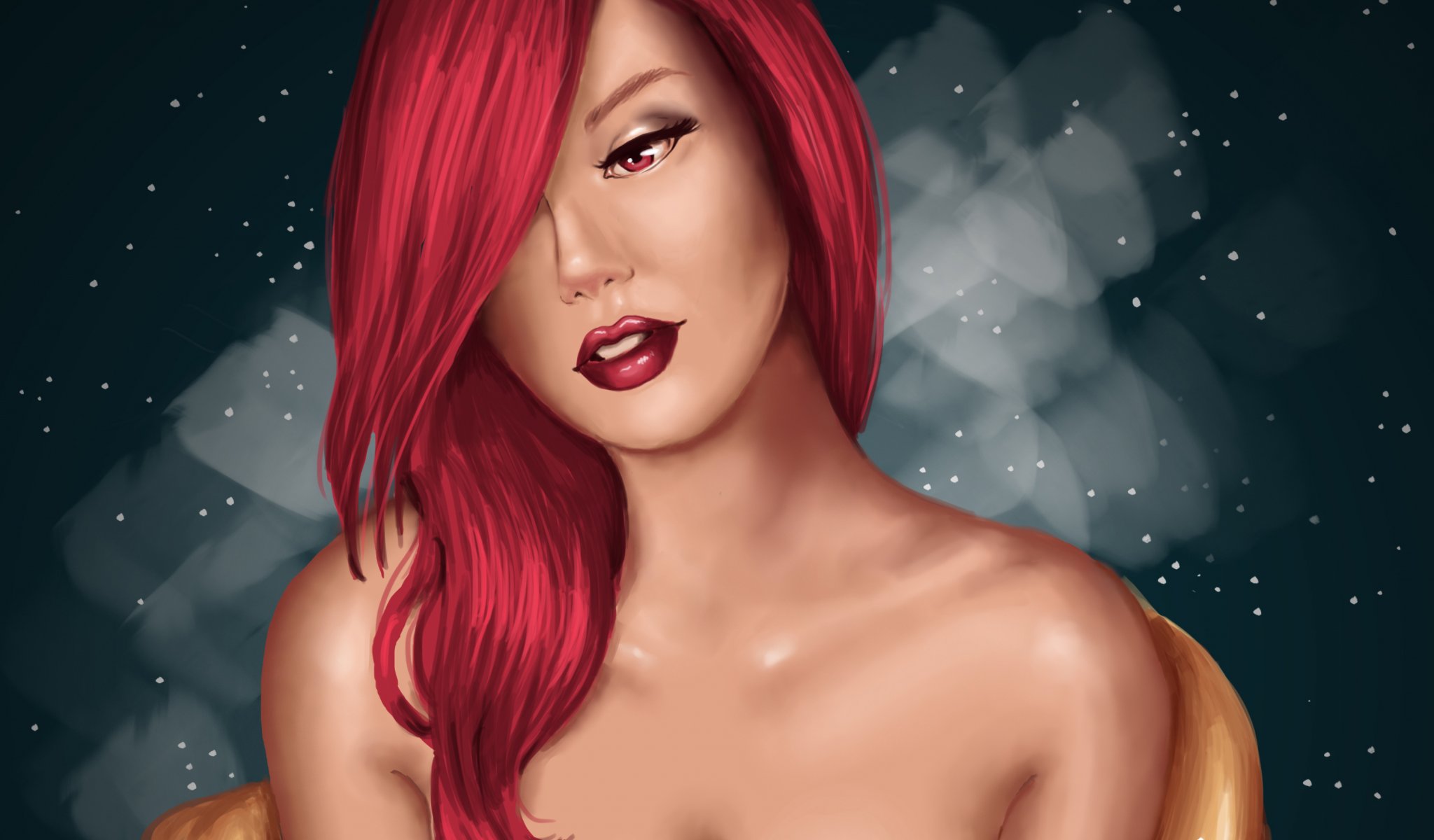 tyle art girl red hair make-up lips lipstick view shoulders background