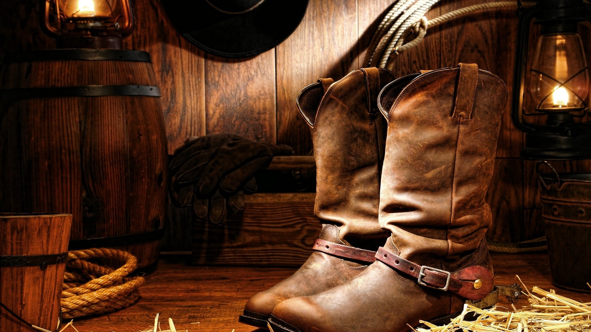 botas de vaquero madera cordón lámparas guantes sombrero