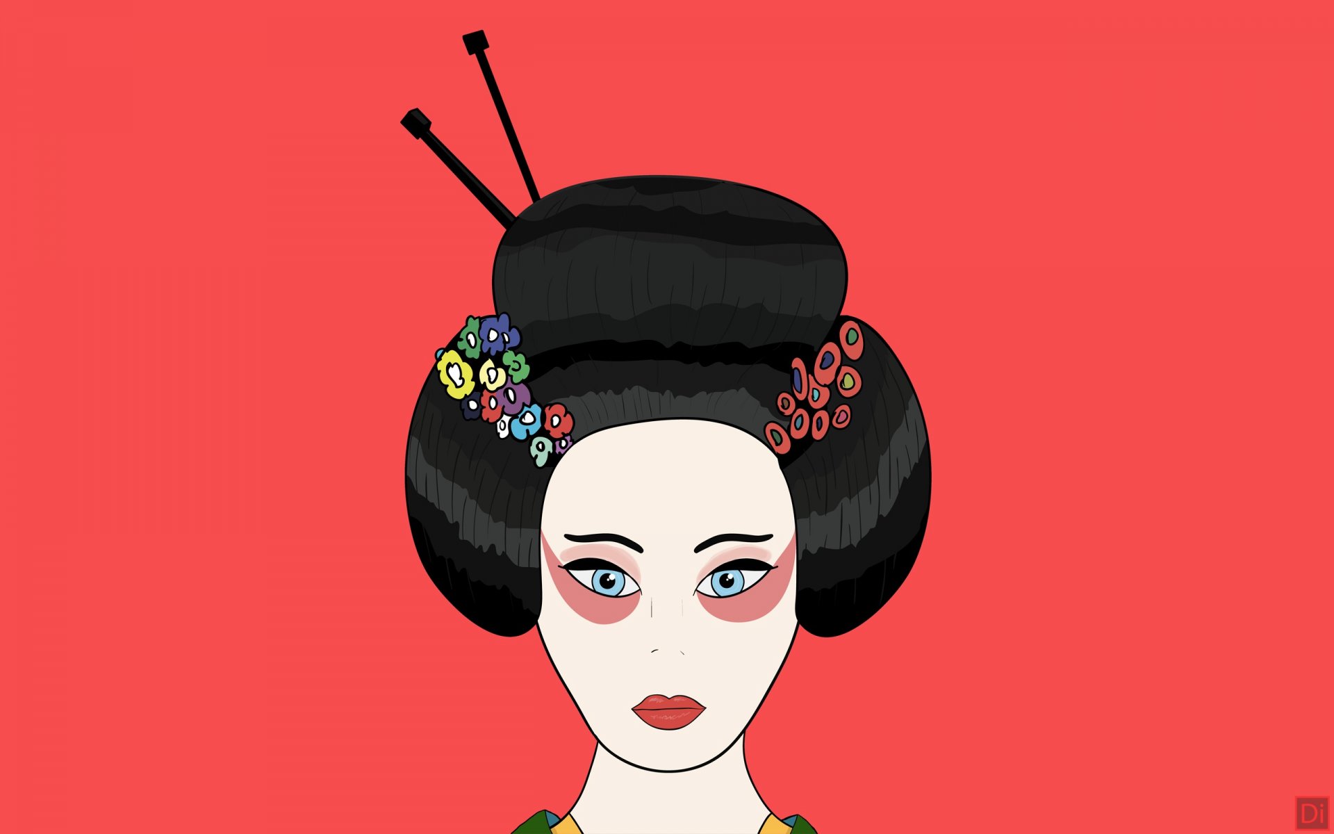 minimalisme geisha dee dessin rouge japon cheveux fleurs kimono lèvres