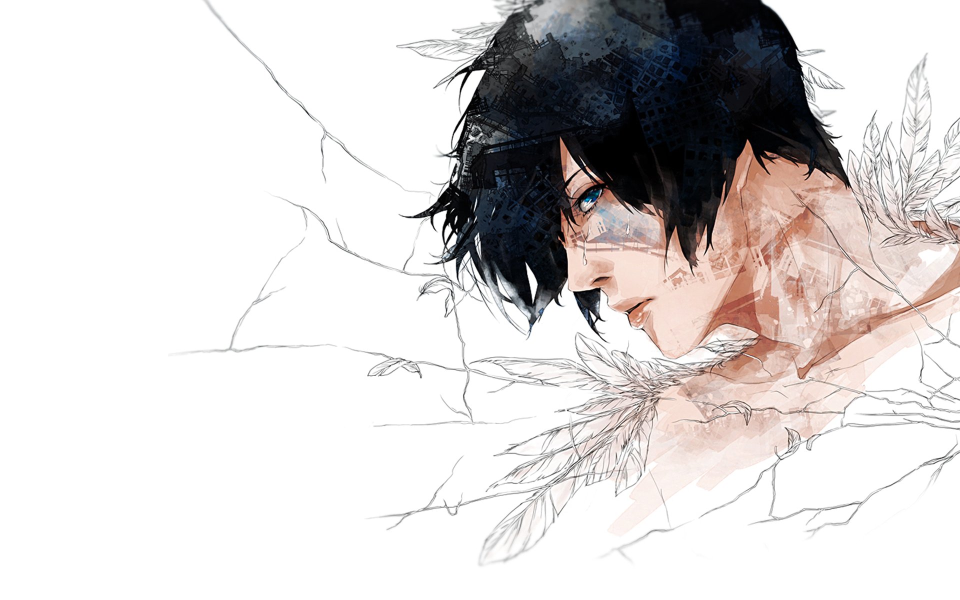 guy section black hair blue eyes feather