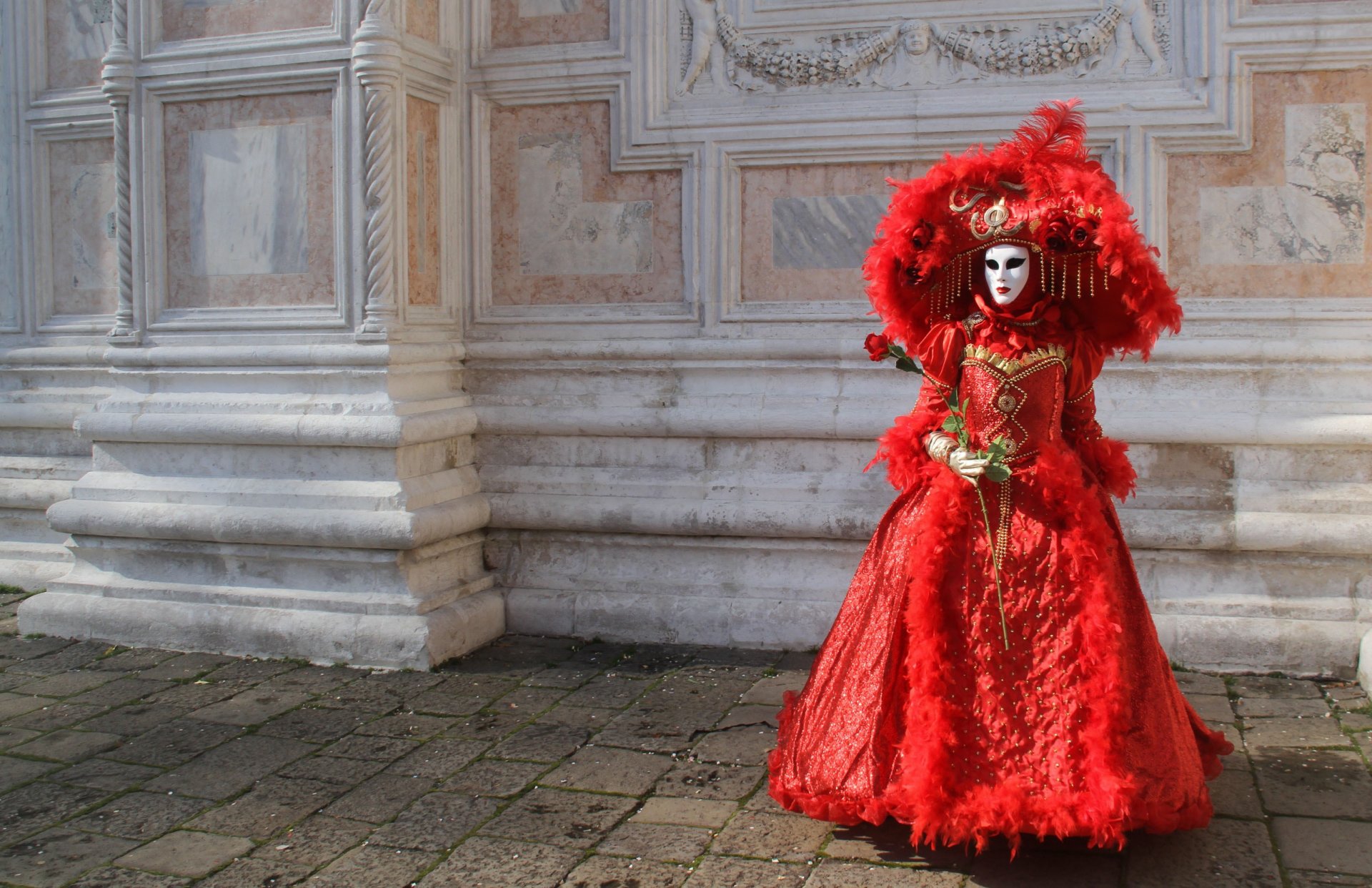 ragazza vestito di carnevale rosso maschera cappello fiore rosa parete