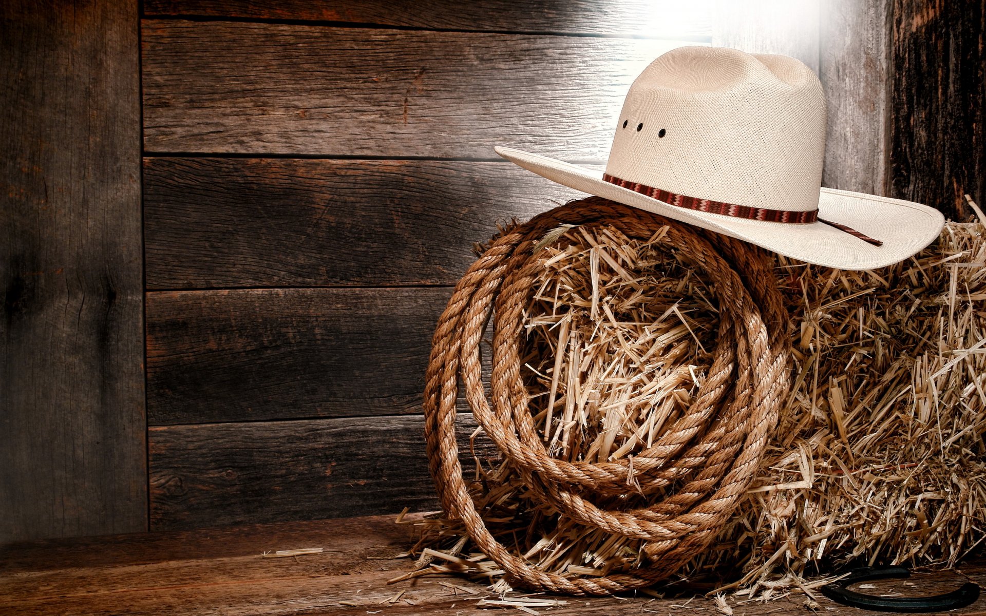 mur chapeau blanc paille arbre corde cowboy