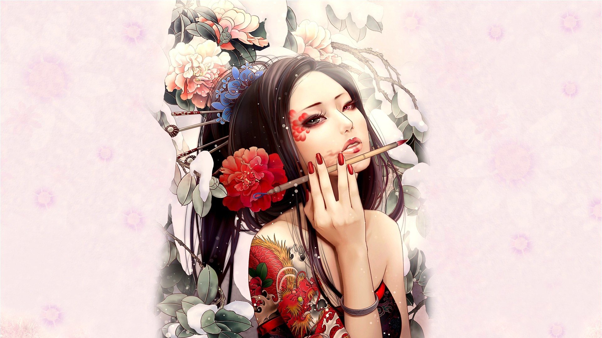 fille geisha fleurs vue fond