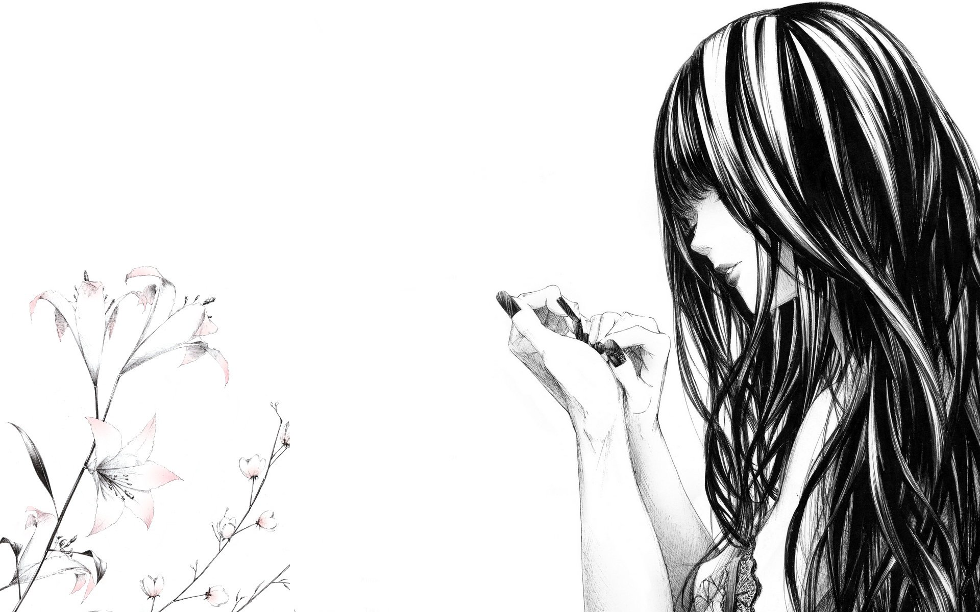 art sawasawa girl nails flower lilies picture monochrome