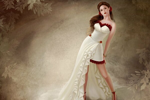 A girl in a white dress and red shoes on an art background in a beautiful pose