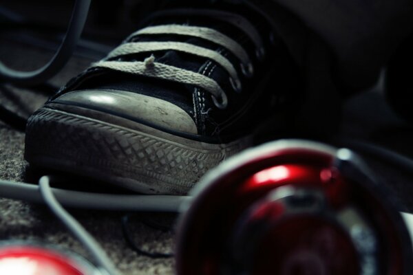 Old lace-up sneakers close-up