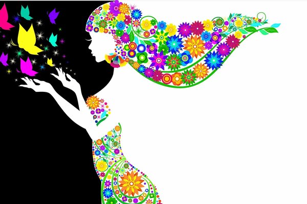 Profile silhouette of a girl with butterflies flying from her hands