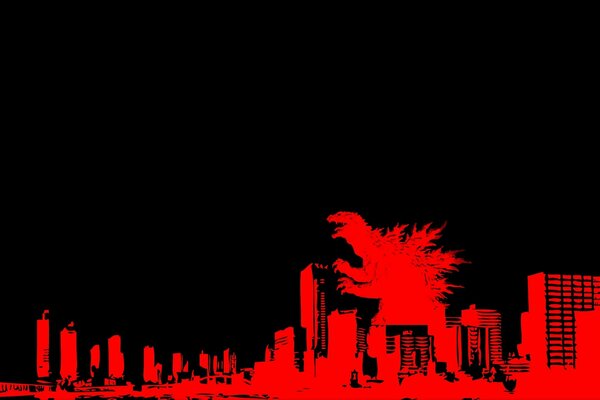 Godzilla among the houses in the style of Sin City