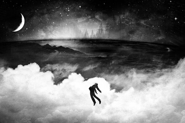 Człowiek lecący ku księżycowi przez chmury