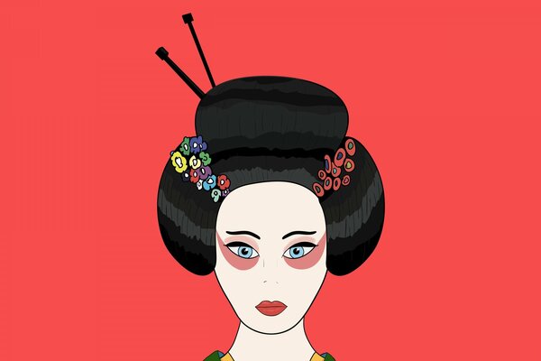Drawing of a geisha on a red background