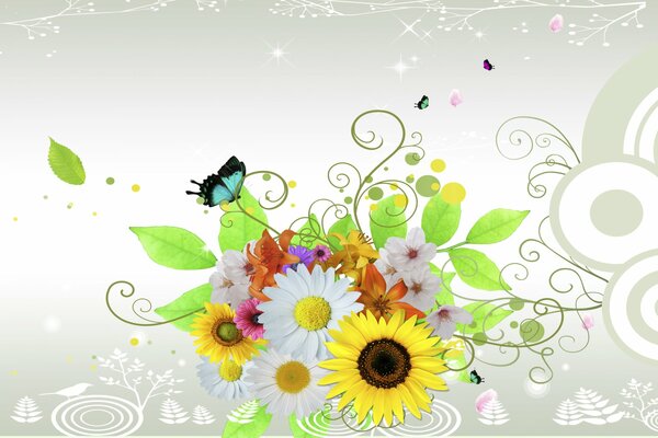 Margaritas, girasoles y mariposas. Photoshop