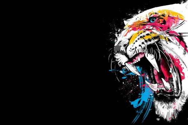 Faccia di tigre colorata su sfondo scuro