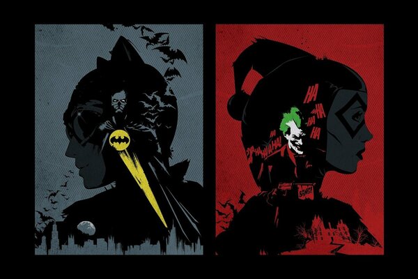 Batman and Harley Quinn with a Joker badge