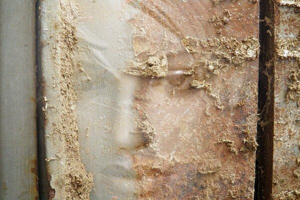 A girl s face against a background of rusty iron