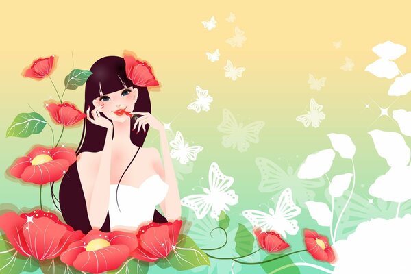 Fille dessinée avec des fleurs rouges et des papillons