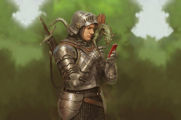 A knight looking into a smartphone with a dragon on his shoulder