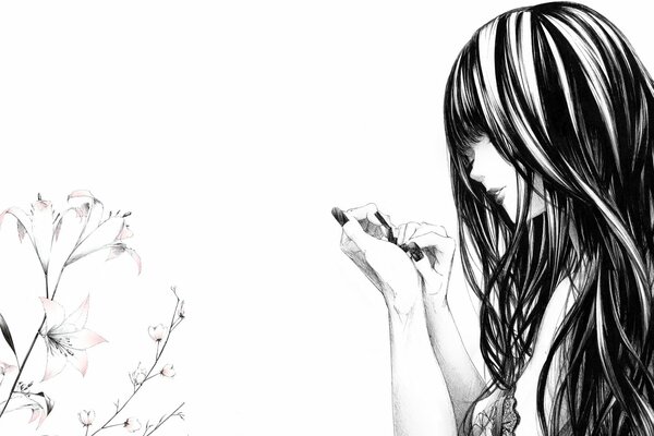 Disegno monocromatico di una ragazza che si fa una manicure