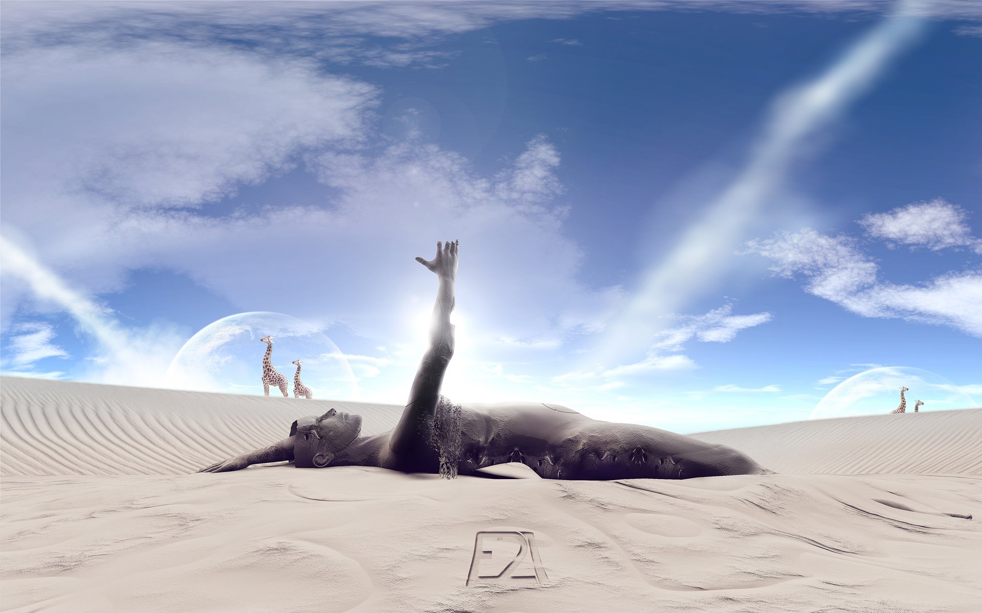 desert statue sand sky giraffes collage photo manipulation