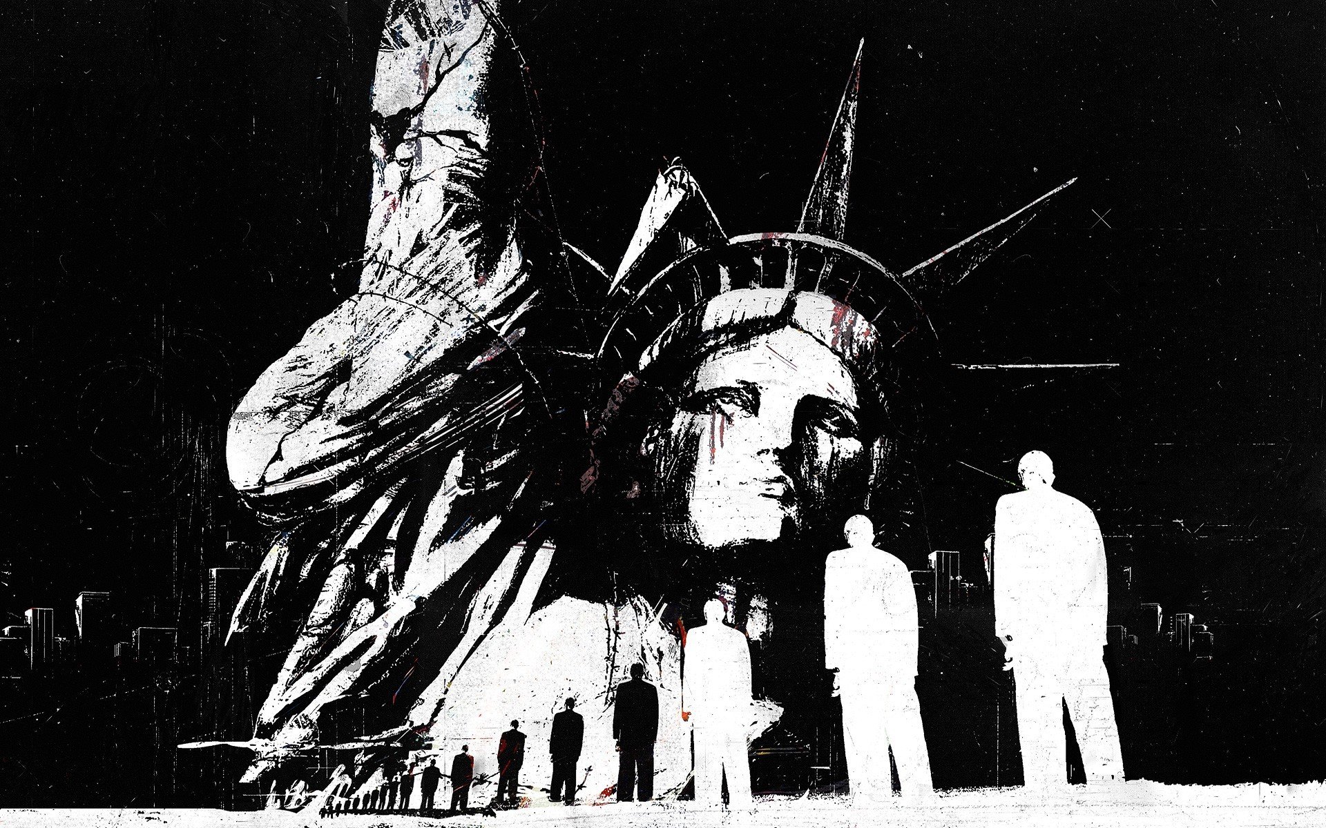 alex cherry grunge abstract artwork statue of liberty usa america black and white people buildings silhouettes