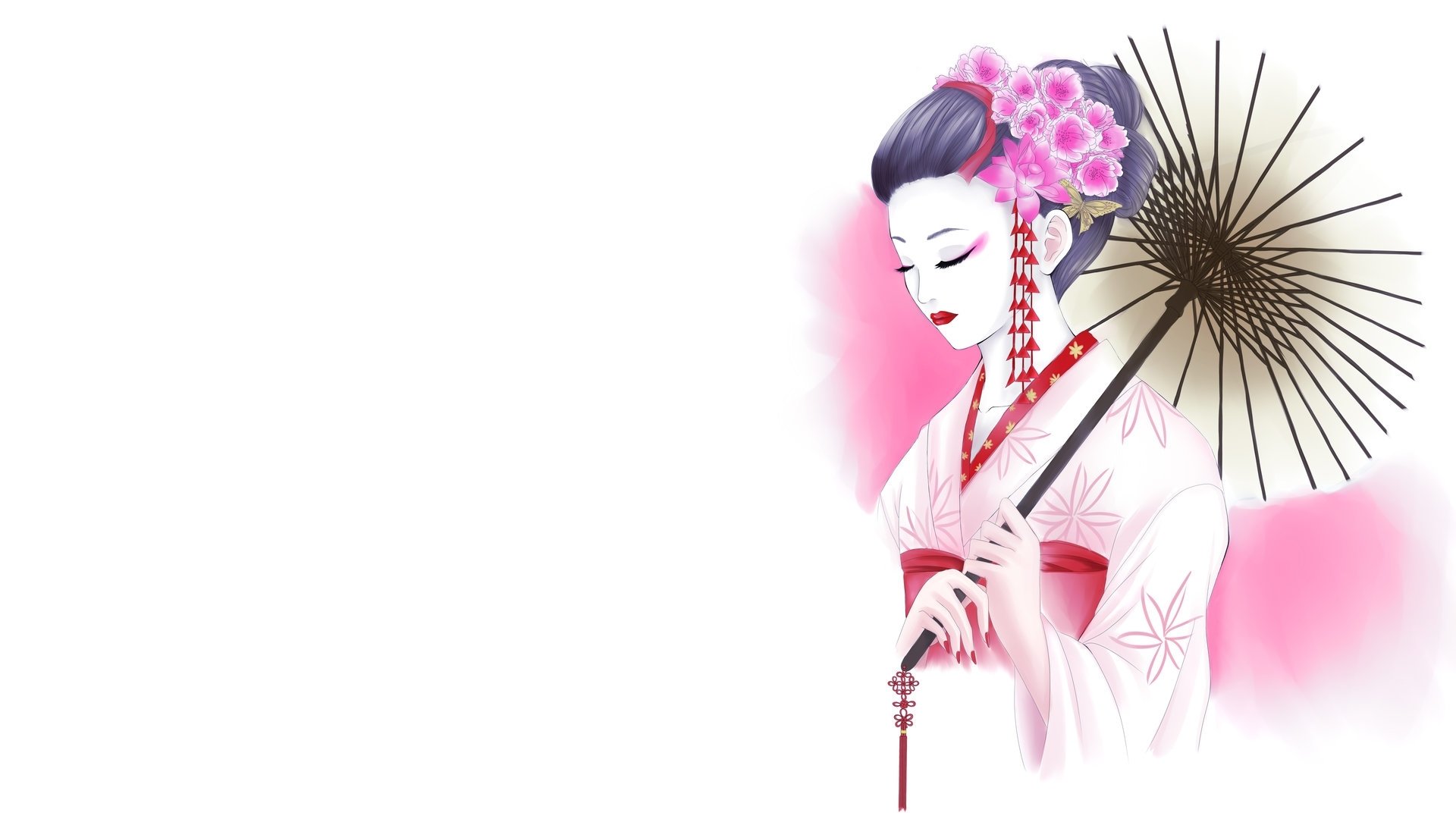 arte chica geisha kimono patrón fondo blanco flores paraguas