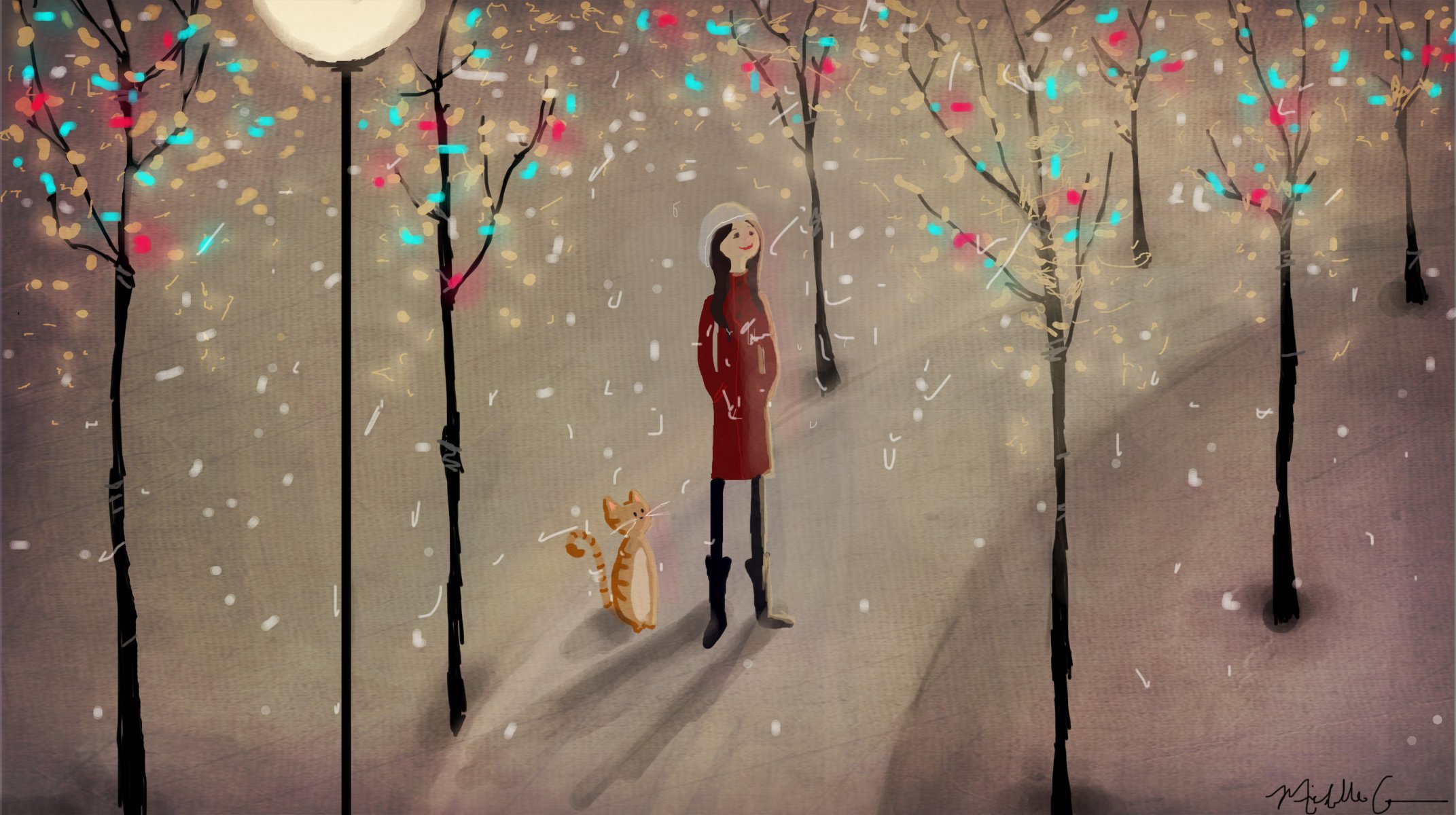 dessin illustration fille chat hiver arbres lanterne parc neige sentier