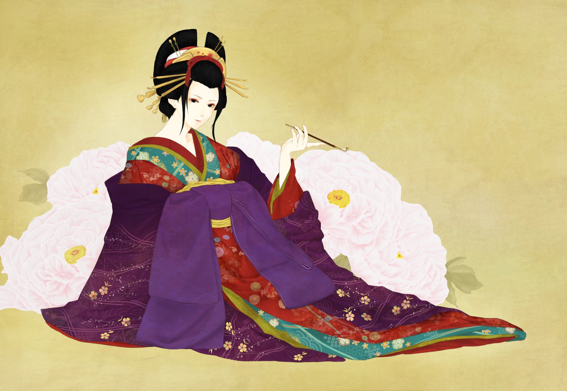 kunst mädchen hintergrund geisha pfingstrosen blumen mundstück kimono