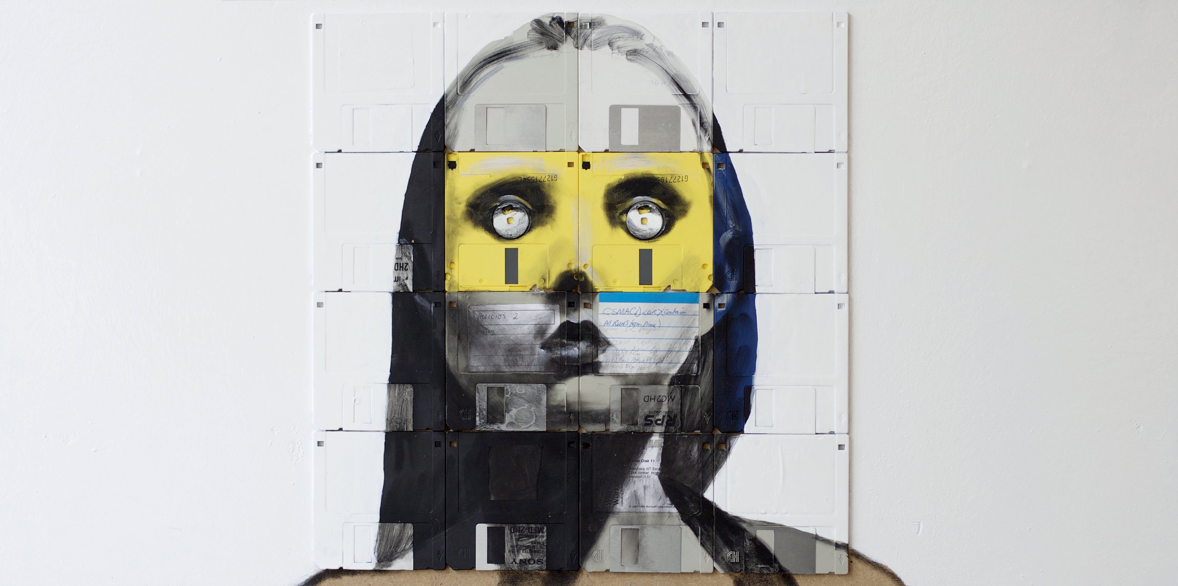 nick gentry nick gentry style floppy disks girl portrait floppy art floppy art art paint look eye