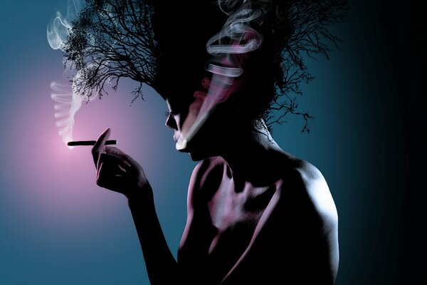 Smoking girl with a hairstyle made of trees