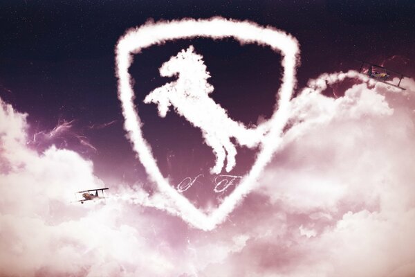 A Ferrari sign made of clouds drawn by a glider plane pilot against a sky background with large white clouds