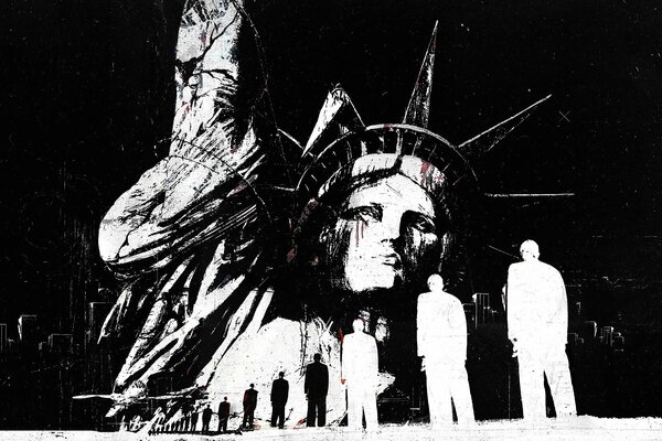 Silhouettes of people against the Statue of Liberty