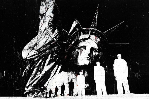 Siluetas de personas en el fondo de la estatua de la libertad