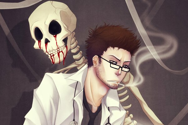 A man with glasses smokes and there is a skeleton behind him