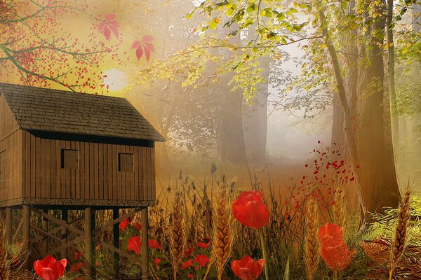 A house on supports in the forest and tulips below