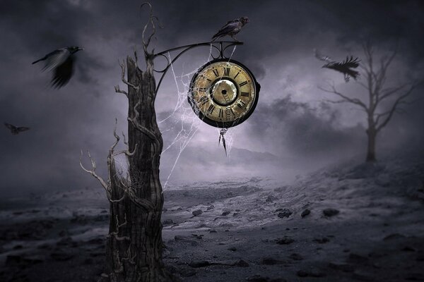 A Gothic picture with a clock and crows