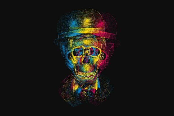 A colored skeleton in a suit and hat