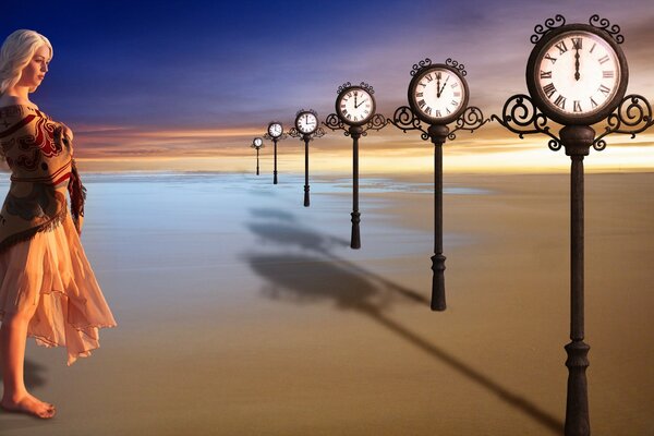 The girl in front of a row of clocks