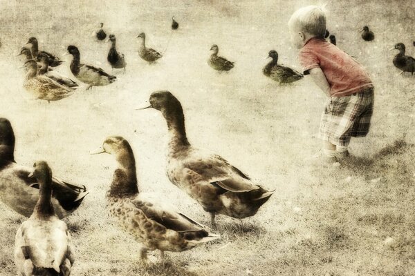 Foto procesada donde el niño se agachó como patos