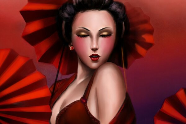 Geisha con ombrello rosso