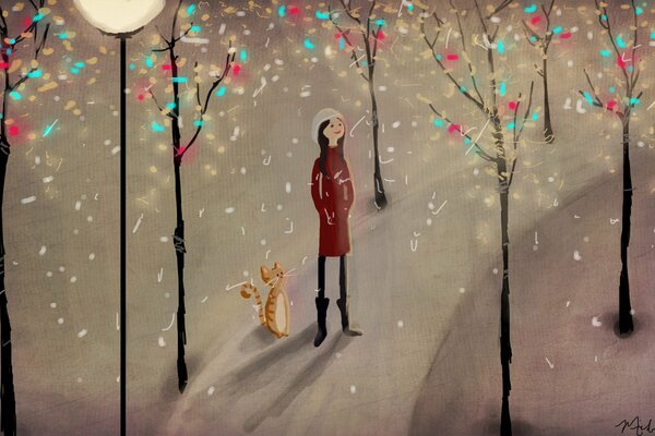 Zdjęcie ilustracyjne, dziewczyna z kotem spaceruje, zimą drzewa pod śniegiem