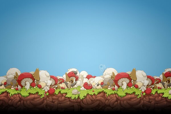 Cartoon mushroom meadow on the moss