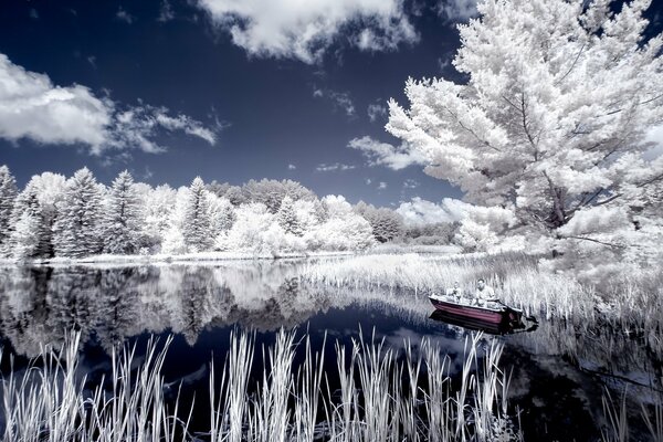 Two people floating in a boat on the lake