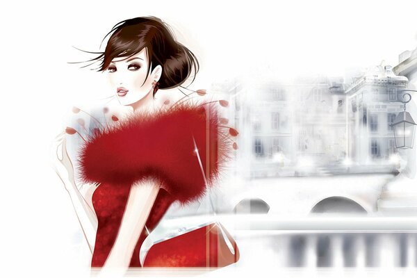 Ilustración, la chica de rojo camina por la ciudad