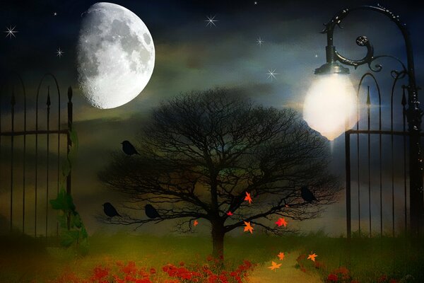 Background of a moonlit night with a lantern