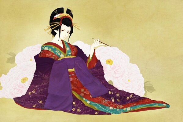 Helles Geisha-Muster im Kimono mit Pfingstrosen